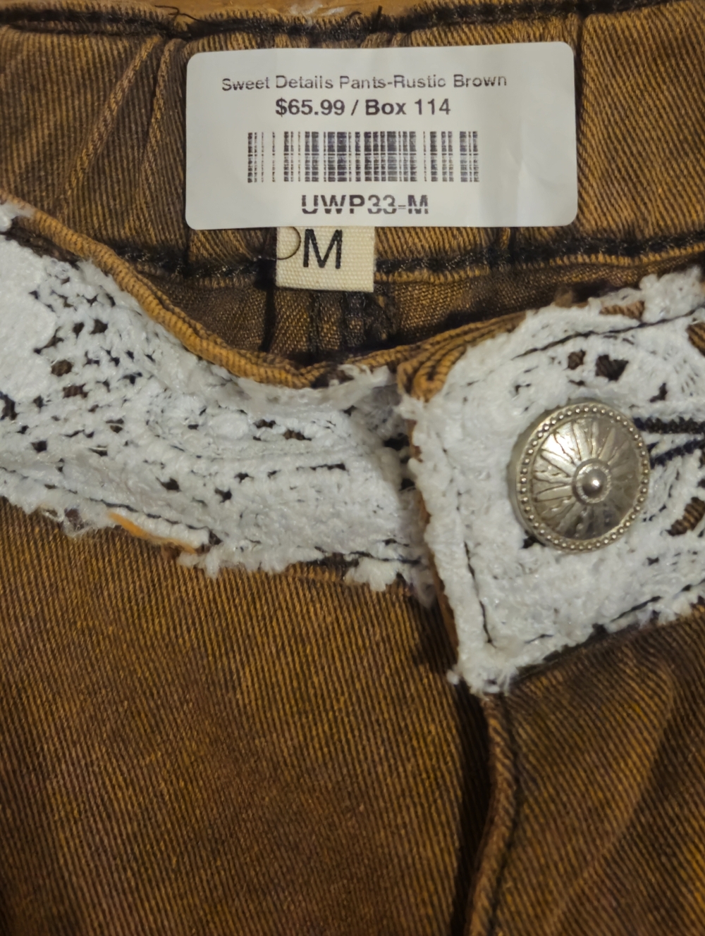 Sweet Details Rustic Brown Wide-Leg Flare Jeans with White Lace Inset - Picture 5 of 5